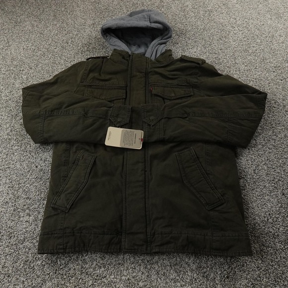 NEW Levis Jacket Mens S Green Hooded Canvas Sherpa Lined Military Outdoor Coat